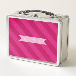Personalized Fun Cute Modern Pink Stripe Metal Lunch Box