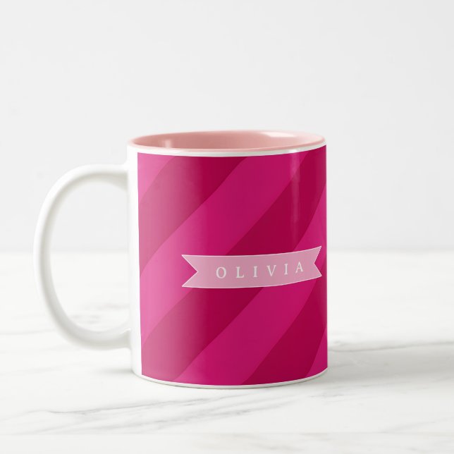Personalized Fun Cute Modern Pink Stripe Two-Tone Coffee Mug (Left)