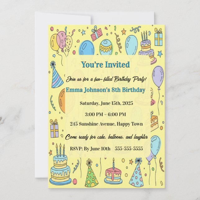 Personalized Fun Doodle Art Kids Birthday Party Invitation (Front)