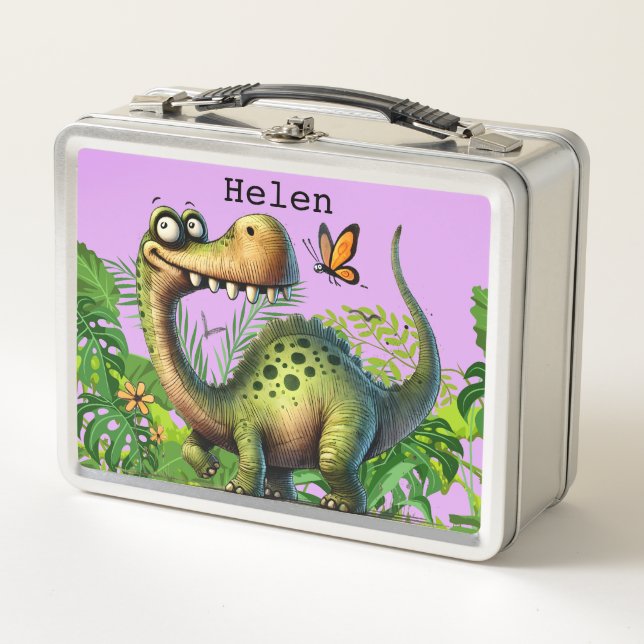 Personalized Fun Lilac Dinosaur Child's lunch Box (Front)