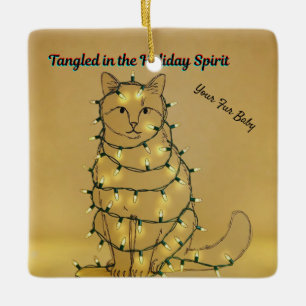 Personalized Funny Cat Tangled in Lights Ceramic Ornament