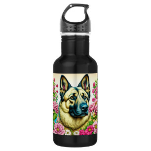 Personalized German Shepherd and Whimsical Flowers 532 Ml Water Bottle
