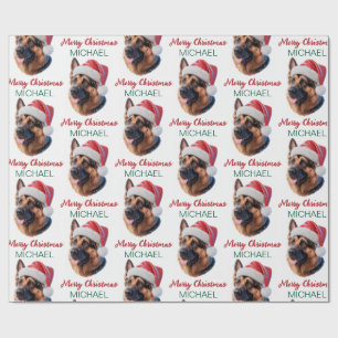 Personalized German Shepherd Dog in Santa Hat Wrapping Paper