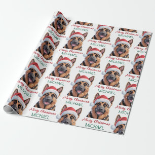 Personalized German Shepherd Dog in Santa Hat Wrapping Paper