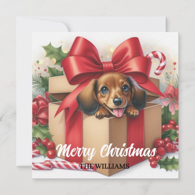 Personalized Gift-Wrapped puppy Christmas card  (Front)