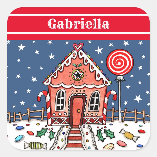 Personalized Gingerbread House Square Sticker (Front)