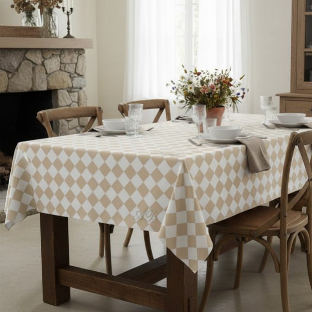 Personalized Gingham Tablecloth, White and Beige Tablecloth (Creator Uploaded)
