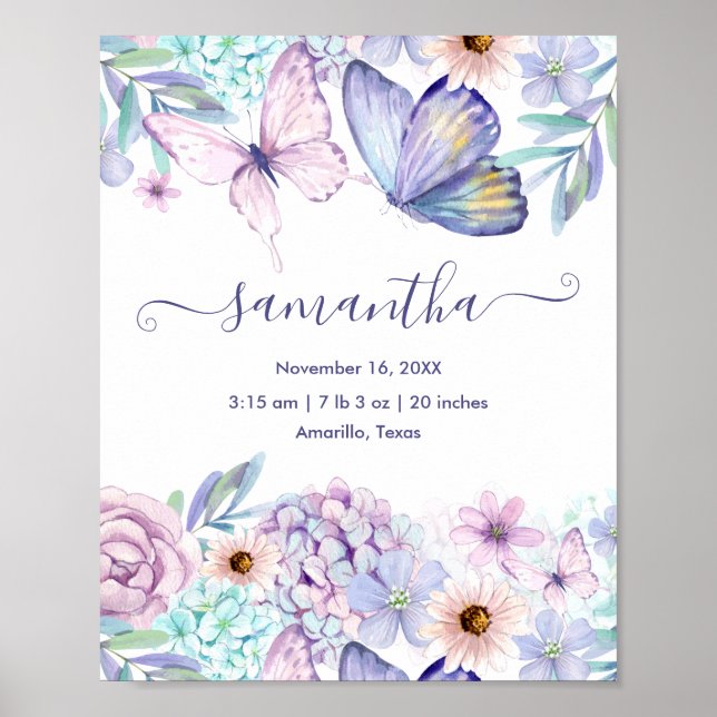 Personalized Girl Butterfly Floral Birth Stats Poster (Front)