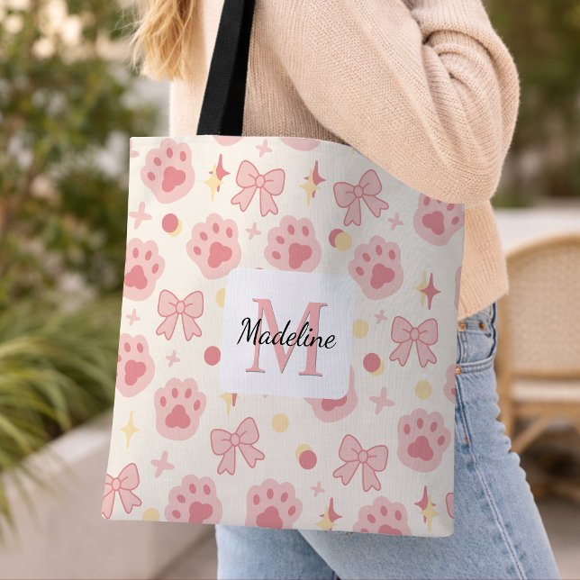 Personalized Girl Cat Paw Cute Bow Name Pink Tote Bag (Creator Uploaded)