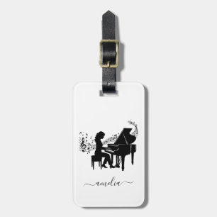 Personalized Girl Pianist Silhouette Music Notes   Luggage Tag