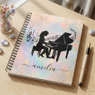 Personalized Girl Pianist Silhouette Music Notes   Notebook