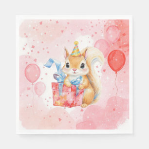 Personalized Girl's Birthday Squirrel Pink and Red Napkin