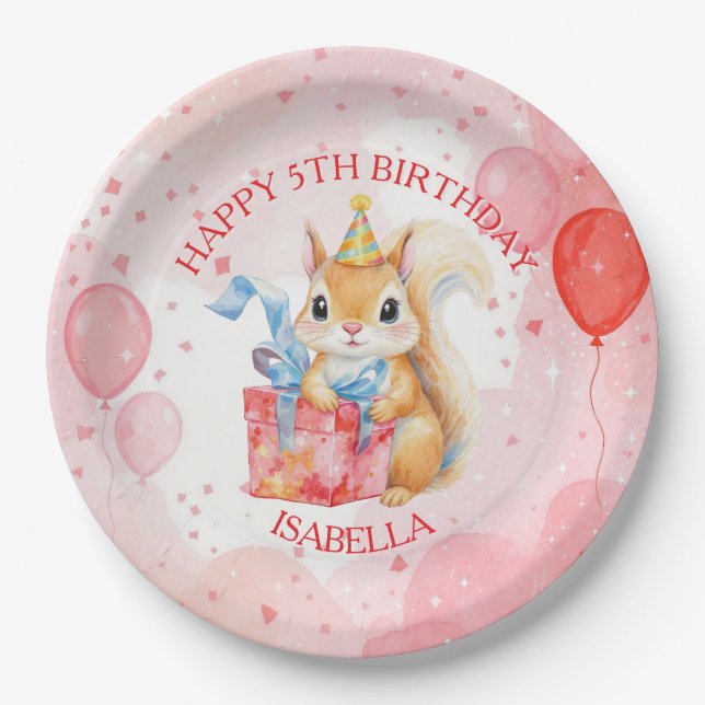 Personalized Girl's Birthday Squirrel Pink and Red Paper Plate (Front)