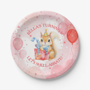 Personalized Girl's Birthday Squirrel Pink and Red Paper Plate