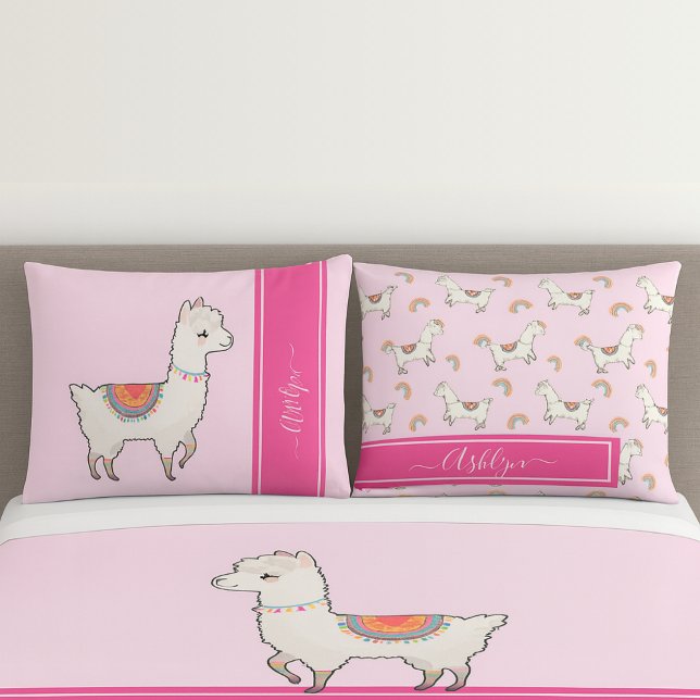 Personalized Girls Hot Pink Cute Rainbow Llama Pillowcase (Creator Uploaded)