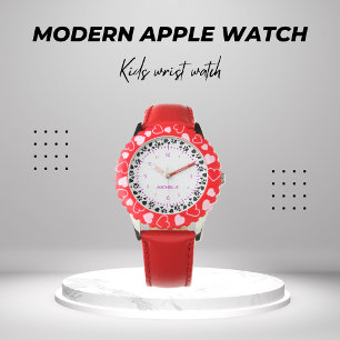 Personalized Girls Kids Name Dog Paw Red Hearts Watch