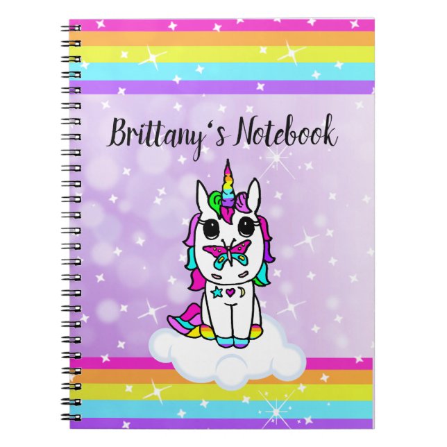 Personalized Girl's Unicorn, Butterfly and Rainbow Notebook (Front)