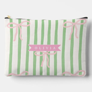 Personalized Girly Coquette Green Stripe Bow Accessory Pouch