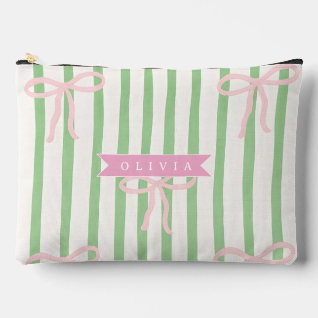 Personalized Girly Coquette Green Stripe Bow Accessory Pouch (Front)
