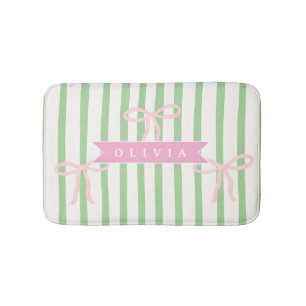 Personalized Girly Coquette Green Stripe Bow Bath Mat