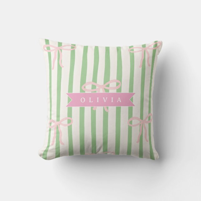 Personalized Girly Coquette Green Stripe Bow Cushion (Front)