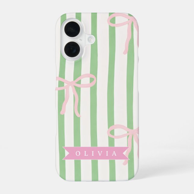 Personalized Girly Coquette Green Stripe Bow iPhone 16 Case (Back)
