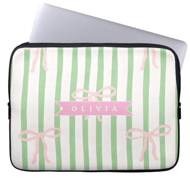 Personalized Girly Coquette Green Stripe Bow Laptop Sleeve (Front)