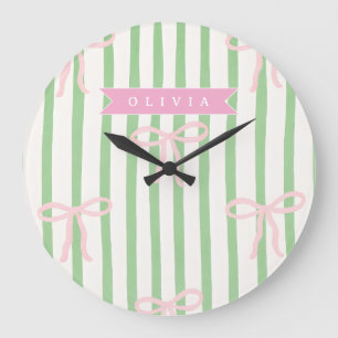 Personalized Girly Coquette Green Stripe Bow Large Clock