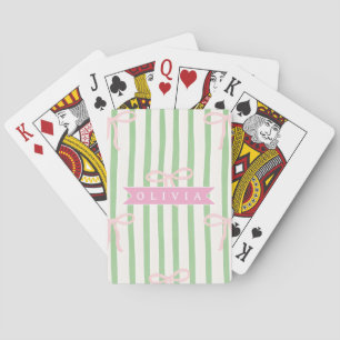 Personalized Girly Coquette Green Stripe Bow Playing Cards