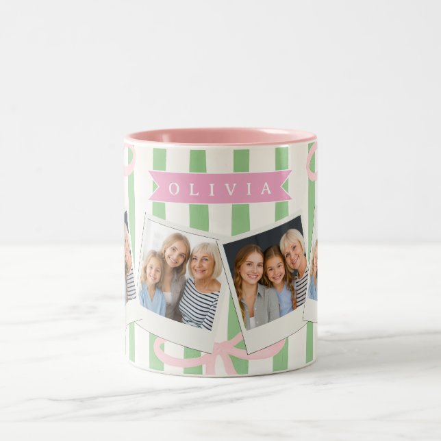 Personalized Girly Coquette Green Stripe Bow Two-Tone Coffee Mug (Center)