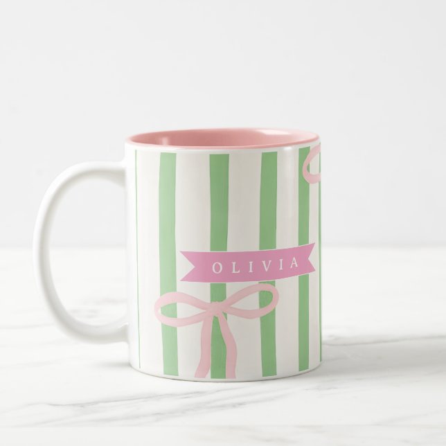 Personalized Girly Coquette Green Stripe Bow Two-Tone Coffee Mug (Left)