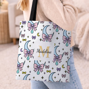 Personalized Girly Cute Bow Name Moons White Tote Bag