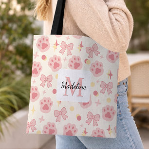 Personalized Girly Pink Cat Paw Cute Bow Name Tote Bag