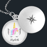 Personalized girly pretty magical unicorn locket necklace<br><div class="desc">She's magical,  amazing like a unicorn. Remind her of her beauty and grace with this locket necklace. Personalize with her name in an elegant script font.
Featuring my rainbow-haired unicorn,  crown head illustration with flowers and sleepy cute lashes. A special gift for the extraordinary little girl in your life.</div>