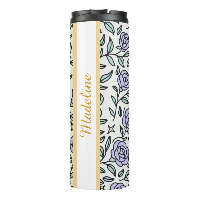 Personalized Girly Purple Cute Bow Name Rose Green Thermal Tumbler (Back)