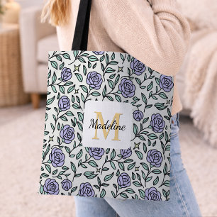 Personalized Girly Purple Cute Name Rose Green Tote Bag