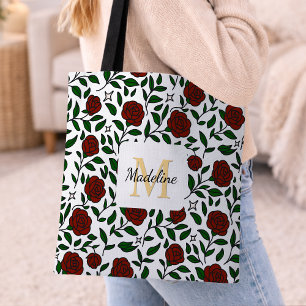 Personalized Girly Red Cute Name Rose Green Tote Bag