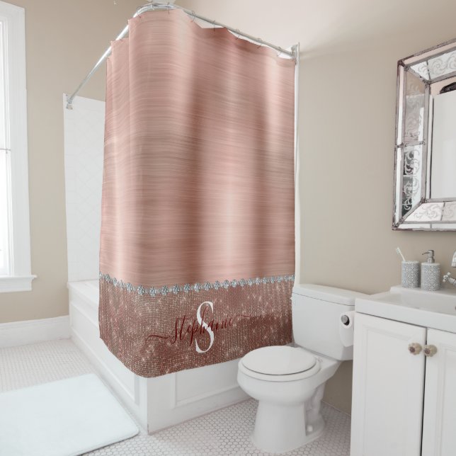Personalized Girly Rose Gold Glam Diamond Sparkle Shower Curtain (In Situ)