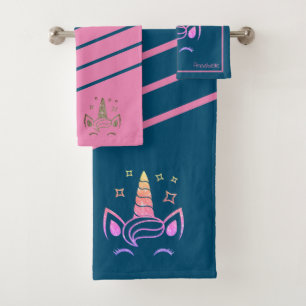 Personalized Girly Unicorn Blue Pink Glitter Bath Towel Set