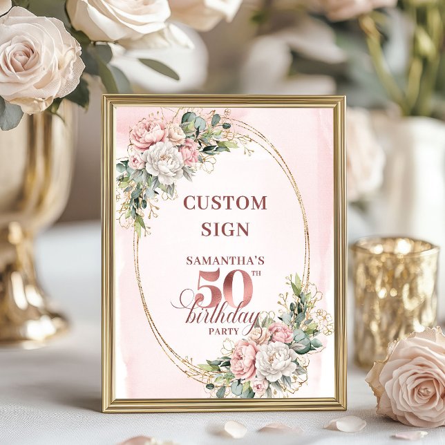 Personalized Glam Rose Gold 50th Birthday Tabletop Poster (Personalized Glam Rose Gold 50th Birthday Tabletop Sign)