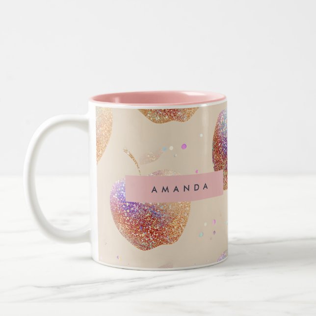 Personalized Glitter Apple Sparkle Fruit Pastel  Two-Tone Coffee Mug (Left)