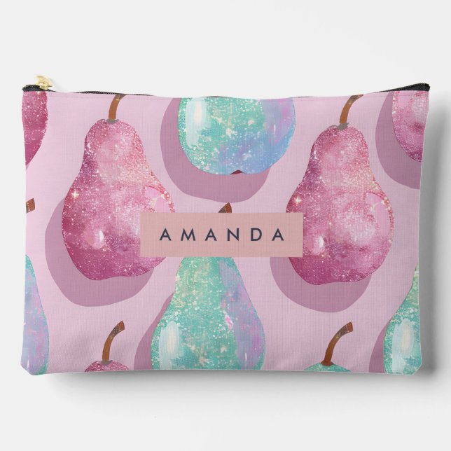 Personalized Glitter Pink and Aqua Pears Accessory Pouch (Front)