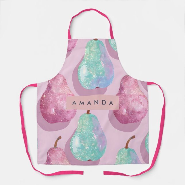 Personalized Glitter Pink and Aqua Pears Apron (Front)