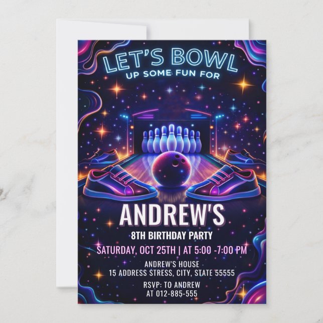 Personalized Glow bowling birthday invitation (Front)