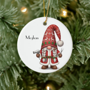 Personalized Gnome Xmas Hair Stylist Ceramic Tree Decoration