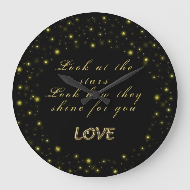 Personalized Gold and sparkles stars on black   Large Clock (Front)