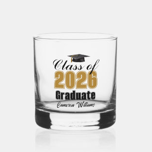Personalized Gold Black Class of 2026 Graduation Whiskey Glass