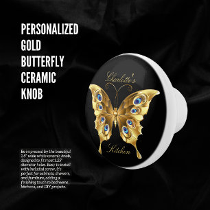 Personalized Gold Butterfly Black Ceramic Knob