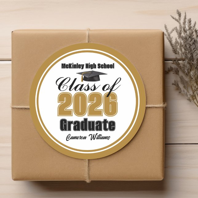 Personalized Gold Class of 2026 Graduation Party Classic Round Sticker (Creator Uploaded)