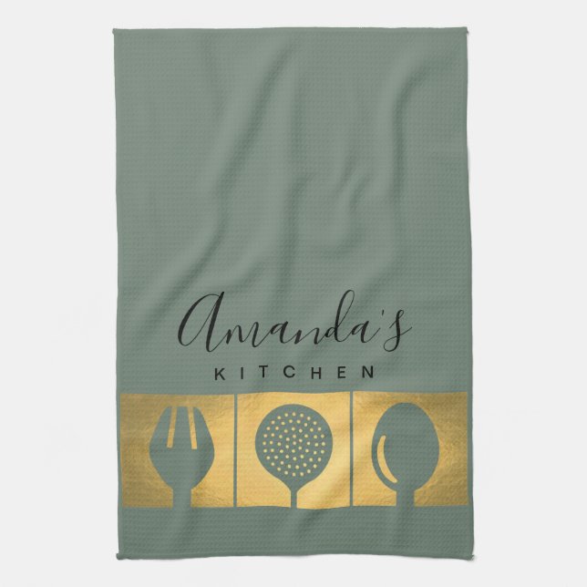PERSONALIZED GOLD FAUX SPOON FORK SKIMMER CHEF TEA TOWEL (Vertical)